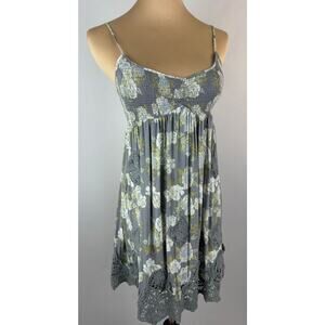 Free People Size XS Ruched Bodice Mini Dress Floral Print Crochet Gray Cottage